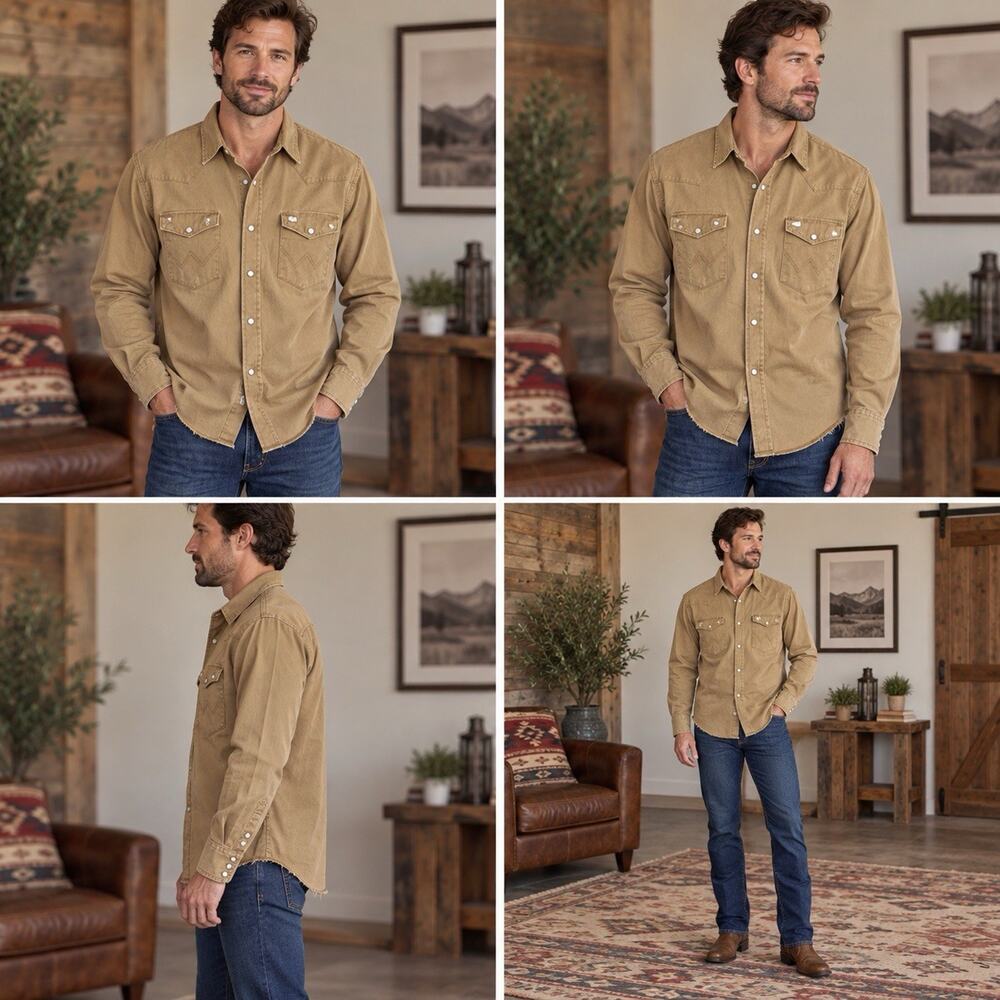 Wrangler Men’s Western Shirt Tan Pearl Snap Long Sleeve Cowboy Workwear Size L